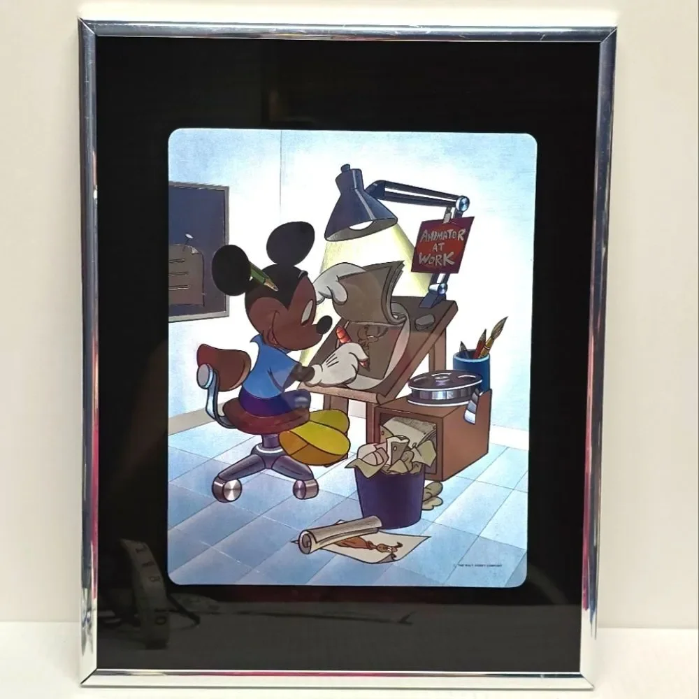 Disney Mickey Mouse Animator At Work Framed Foil Picture Art Vintage